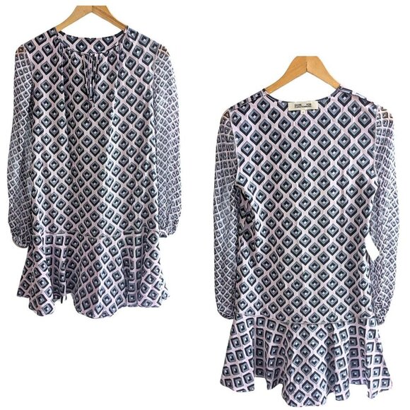 DIANE VON FURSTENBERG Purple Gray Keyhole Geometric Drop Waist Mini Dress Sz 0 - Picture 4 of 10